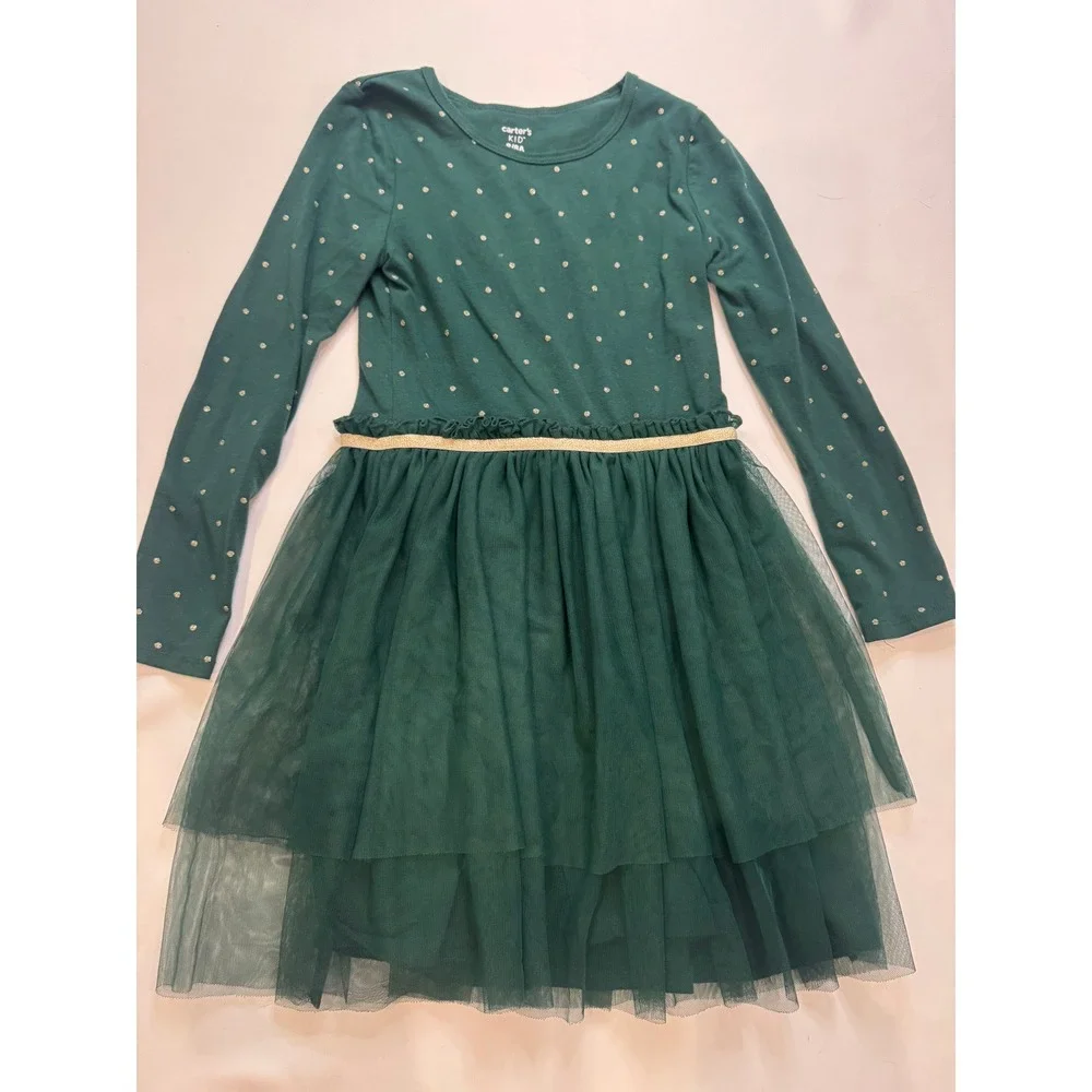 Carter's‎ Tutu Dress Kids Size 8 Green Gold Polka Dot Tulle Tiered Holiday
